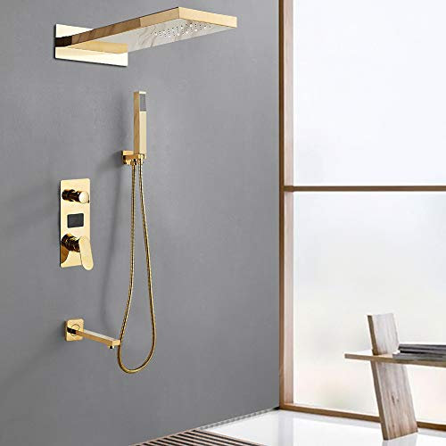 KinHall Gold Duscharmatur, Wandmontage Handbrause Duschset Brausegarnitur, mit Regen Handbrause, Duschsäule, Unterputz-Duscharmatur zur Wandmontage für Badewannen