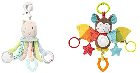 Fehn 054460 Activity-Oktopus – Spielzeug zum Greifen und Entdecken für Babys und Kleinkinder ab 0+ Monaten – Fördert den Tastsinn – Größe: 30 cm & 067712 Activity-Spieltier Fledermaus, ab 0+ Monaten