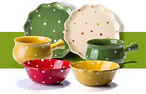 Juegos de platos llanos, Juego de vajilla de 6 piezas Juego de combinación de cerámica pintada a mano con ensaladera Plato de postre Mango Servicio de tazón para 2 personas, rojo, cerámica (Color :