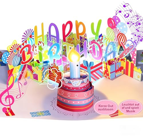 Yinqing Geschenkkarte, Happy Birthday Karte mit Licht und Musik | 3D Pop-Up Geburtstagskarte mit Blasbarer Kerze für Damen, Herren, Kinder, Ehemann, Ehefrau, Mutter, Vater, Tochter