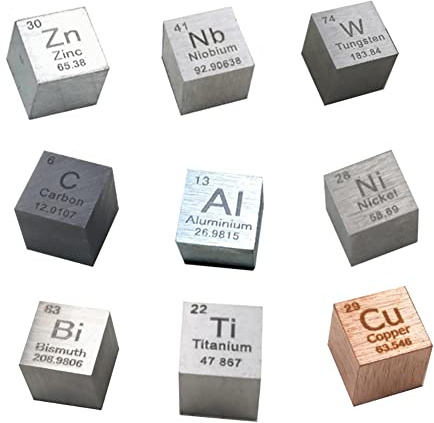 OURECO Jonoisax 9 Pcs Element Cube Set 10Mm Dichte Würfel Bis Zu 99,99% Reine Tägliche Metall Cuzink, Niob, Wolfram, Kohlenstoff, Aluminium, Nickel, Bismut,N, Kupferfür