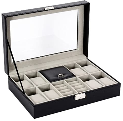 AMYSTY Uhrenkoffer Uhrenrolle Uhrenbox Uhrenschatulle Uhren Aufbewahrungsbox Uhrenbox 8 Gitter Quarzuhr Schmuck Vitrine Männer Frauen Armband Tablett Uhrenetui Uhren Aufbewahrungsbox