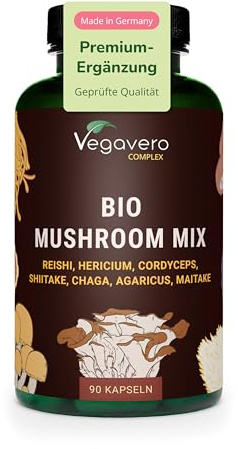 Vegavero Certified Organic Mushroom Complex 1300 mg | NO Additives, Lab-Tested | Standardised Bioactive Polysaccharides, Beta Glucans and Hericenones | 90 Capsules | Vegan