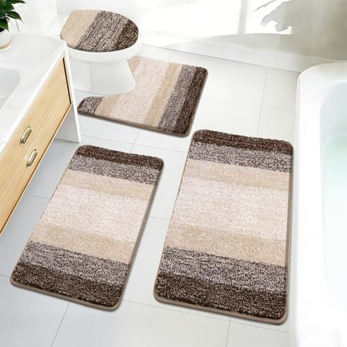 Bsmathom Juego de 4 tapetes de baño con cubierta de inodoro, tapetes de baño de microfibra absorbente para baño, alfombras de baño antideslizantes lavables con contorno en forma de U para bañera,