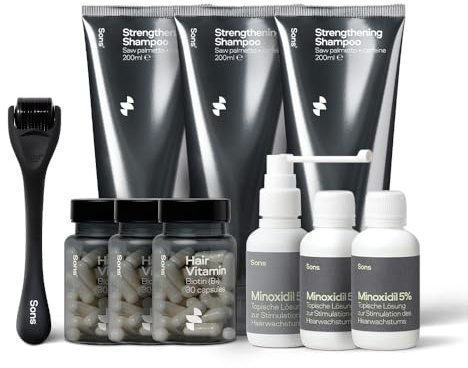 Sons Complete Hair Loss Treatment for Men. Minoxidil 5% Hair Regrowth Treatment, Vegan Biotin for Hair, Skin & Nails, Hair Growth Shampoo, Microneedling Derma Roller. 3 Month Supply. Made in Europe.