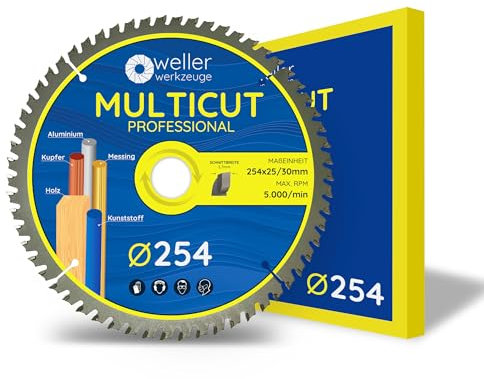 WELLERWERKZEUGE | Profi MULTICUT Kreissägeblatt Sägeblatt 254x30mm + 25mm 60 Zähne für Holz Kunststoff Aluminium passend für Akku Kreissäge Tischsäge für Bosch Einhell Metabo