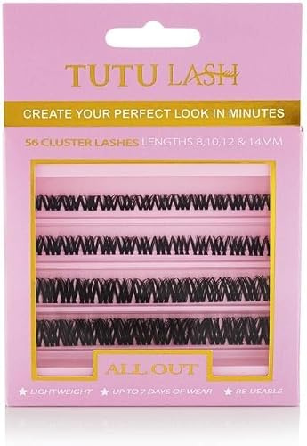 TUTU LASH All Out Cluster Lashes – 56 DIY Individual Lash Clusters – 8mm, 10mm, 12mm & 14mm – Clear Band Lightweight False Eyelashes – Reusable At-Home Lash Extensions – Black