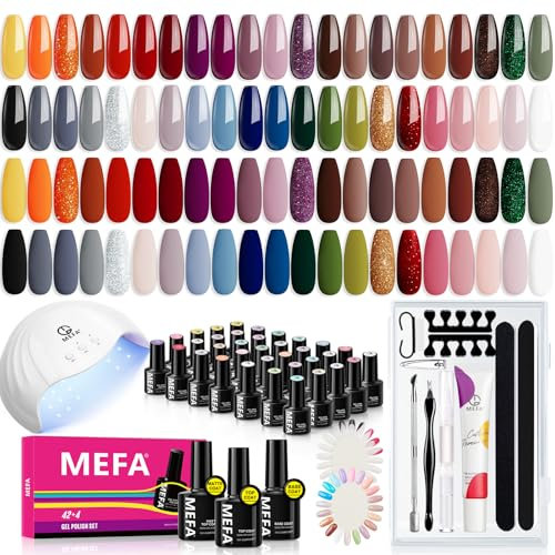 MEFA 60 Pcs Gel Nail Kit with 48W UV Lamp, 42 Colors Red Brown Orange Autumn Gel Polish Set Essential Set with Matte/Glossy Base Top Coat, Cuticle Remover Nail Starters Kit Home Salon