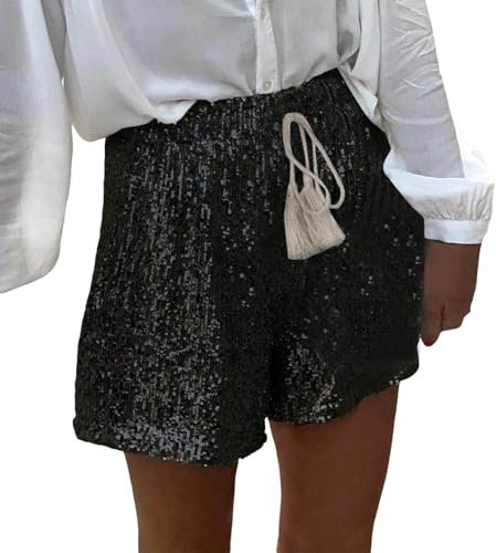 KBOPLEMQ Pailletten Shorts Damen Sexy Glitzer Short mit Pailletten Party Shorts Freizeitshort für Nacht Club Festivals Outfits Glänzend Kurz Hose Elegante Baggy Sparkly Shorts Clubwear