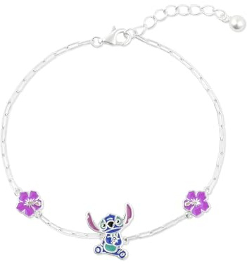Disney Verstellbares Armband für Mädchen, Sterlingsilber, blauer Stich und Blume, B902414SL-65.PH, One Size, Sterling-Silber