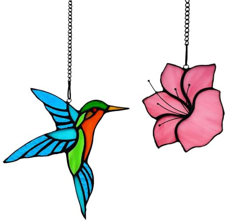 Lcensp Buntglas-Kolibri mit Blume, Sonnenfänger für Fenster, hängende Ornamente, Sonnenfänger für Innenfenster, Buntglasvögel mit Blumen, Geschenke für Frauen, Mutter, Vogelliebhaber, 2 Stück