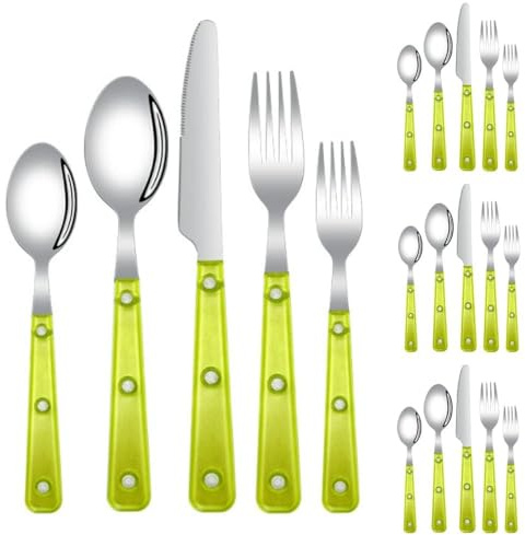 Royal Shang Youpin Ensemble De Vaisselle en Argenterie À Poignée Transparente Givrée, Ensemble De Couverts en Acier Inoxydable 18/10, Couteau De Table À Steak, Fourchette (Vert,20 pièces)