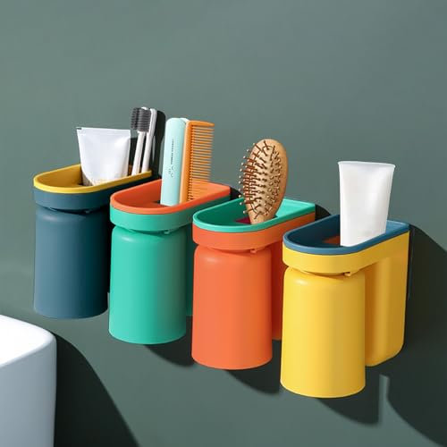 CRITIVE-S 4PCS Toothbrush Holder Wall Mounted with Cups, Stick-on Toothbrush Holders Set for Bathroom, 2 in 1 Bathroom Toothbrush Cup Toothpaste Storage Organiser, Multi-functional Storage Rack
