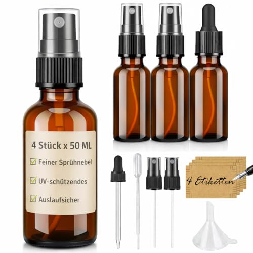 50ml Sprühflaschen Braunglas 4er Set – Nachfüllbare Glassprühflasche mit Feinsprüher & Glastropfer Inkl Trichter Pipetten & Etiketten für Ätherische Öle Parfüm Kosmetik Haarpflege Aromatherapie Reise