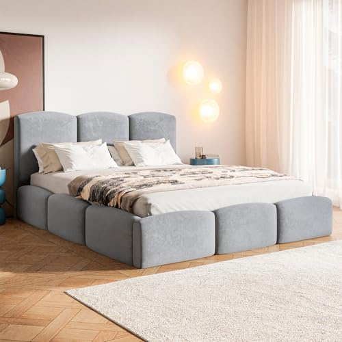 MOTIVENA Cloud Bubble Bett 180x200 Grau Samt, mit Stauraum, mit Kopfteil, mit Lattenrost, ohne Füße, ohne Matratze, Bubble Polsterbett 180x200 mit Bettkasten Grau (Hellgrau)