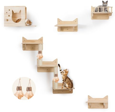 MIUZMORE Kiefer Katzen-Wandregale, 5er Set Katzenwandmöbel, Katzenkratzbaum mit 3 Stufen, Katzen-Sitzstange, Katzenhaus und Katzenhütte, 4 Katzenspielzeug - Katzenregale für Wand