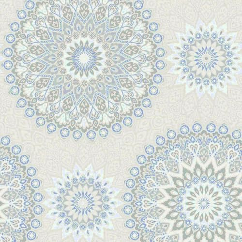 Glitter Medallion Blue Cream Wallpaper - Abstract Aztec Motif Design - Glamorous Floral Stylish Textured Paper