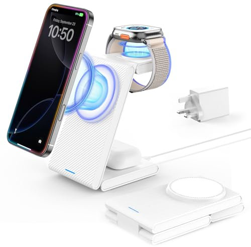 3 in 1 Wireless Charging Station for Apple-CIYOYO Foldable Magnetic Travel Fast Charger Stand for iPhone 17/16/15/14/13/12-Dock for Apple Watch 10/9/8/7/6/SE and AirPods Pro/4/3/2-White