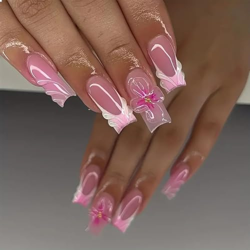 GlamRays 24 Stück Rosa Press on Nails Mittel Quadratisch 3D Weiße Französische Falsche Nägel Press ons Herbst Winter Nagelkunst Spitzen Vollüberdeckung Acrylnägel