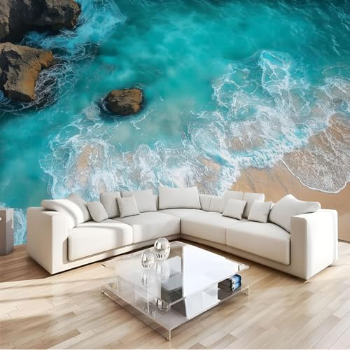 Papel Pintado Fotográfico con Efecto 3D Olas rocas, Pintura de paisaje natural, 150Anx105Al cm Mural Panorámico, Tapiz de Pared Grande, Decorativo para Dormitorio, Respetuoso