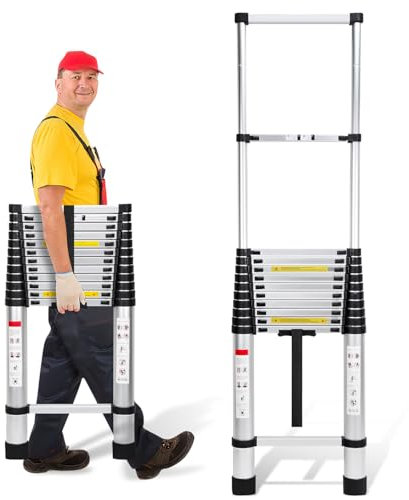 Cecaylie Scala telescopica da 5 m, in alluminio, allungabile con piedini antiscivolo, scala multiuso per soffitta, scaletta portatile, portata 150 kg