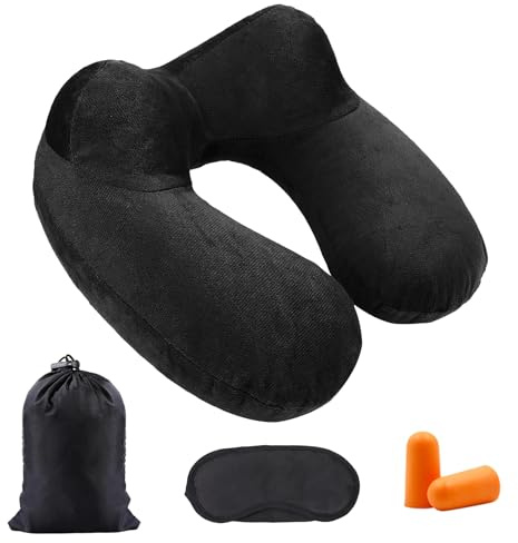 Aarcyye Aufblasbares Reisekissen, Weicher Samt Nackenstütze, mit Samtweichem Waschbarem Bezug, mit kompakter Tragetasche, Ohrstöpsel, Augenmaske, Für Reisen, Flugzeuge, Züge, Autos und Büros, Schwarz
