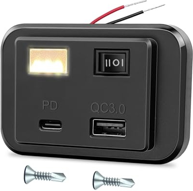 Dexumodbk 12V Dual USB C Car Charger Socket Panel PD3.0+QC3.0 with Switch and LED Night Light,DC12V-26V USB Fast Charging Power Outlet Outdoor Adapter for Campervan Motorcycle Boat Truck Marine Access