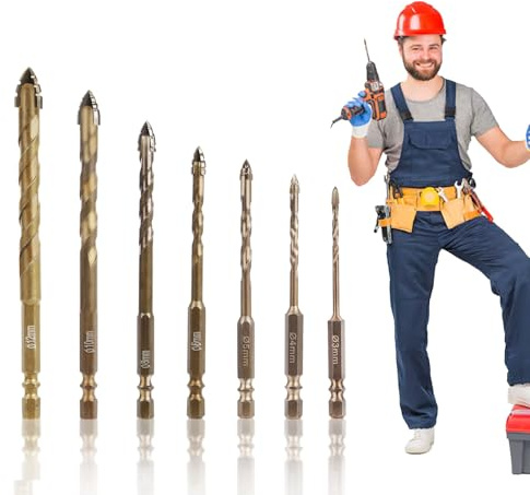 Qivine 7pcs Masonry Drill Bits Set,Four Edged Serrated Eccentric Drill Bits,Concrete Drill Bits Hex Shank High Strength Carbide Tip Tile Drill Bit Set for Brick,Wood,Wall,Glass3/4/5/6/8/10/12mm (Gold)