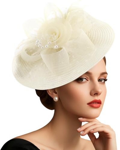 DRESHOW Meshblomma med Pärlfjäderfascinatorhatt på Ett Pannband och En Gaffelklämma Cocktail Tea Party Huvudbonader för Flickor och Kvinnor Noble Kentucky Hat