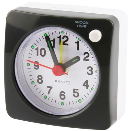 JCSJK Silent Analogue Travel Alarm Clock with Light, Battery Operated Large Display Snooze Clock Bedside Alarm Non Ticking Free Standing for Bedrooms, Glow in the Dark, 6×6cm
