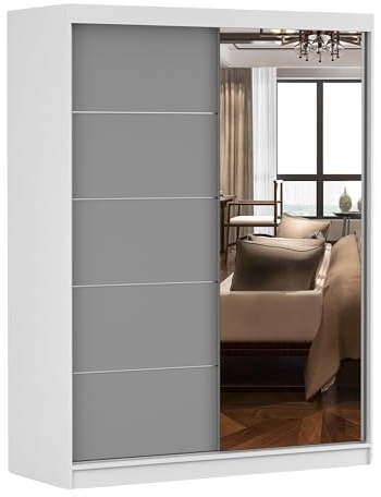 Fabryka Mebli Idźczak Kleiderschrank mit Spiegel, Schiebetüren - Schwebetürenschrank, Schlafzimmerschrank - ‎61 x 150 x 200 cm - Schrank für Schlafzimmer, Ankleidezimmer, Garderobe - Weiß/Grau