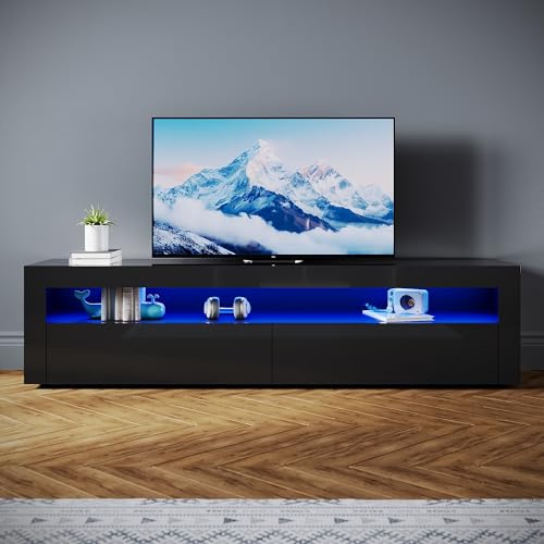 SONNI Lowboard mit LED (16 Farben), 2 Türen, Hochglanz Schwarz, 180x40x45cm