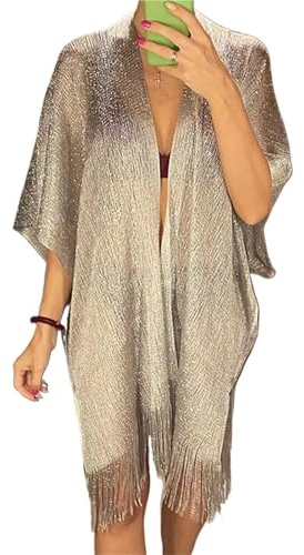 LYXYGMV Bikini Cover Up Sexy Fringe Tassel Mesh Sheer Shiny Knitted Tunic Beach Cover Up Cover-ups Beach Dress Beach Wear Beachwear Female Women(Silver)