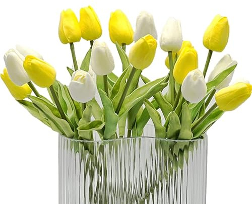 HEPENG Real Touch Tulpanset | 20 konstgjorda blommor i vitt och gult (32 cm) | väderbeständig dekoration för bröllop, balkong och kontor | UV-resistent och mögelresistent