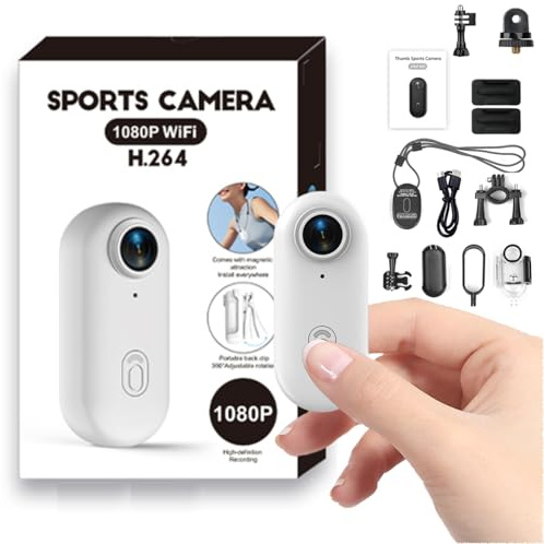 Winnes Mini Camera Sport 1080P WiFi Caméra Vlog Objectif Grand Angle de 120°,Thumb Camera Action IP68 Étanche à 30M,Batterie 800 mAh Convient pour Vélo,Ski,Plongée,Animaux