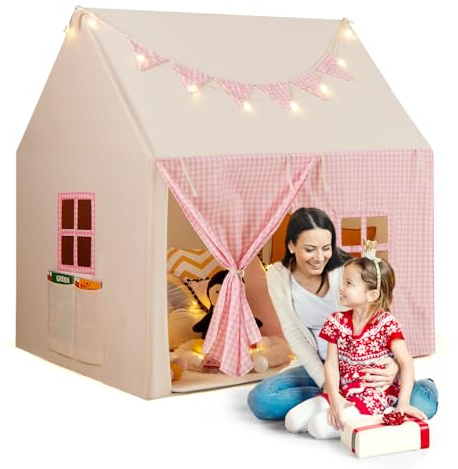 HOMASIS Tienda de Campaña con Tapete Acolchado, Luces de Estrellas y Banderines a Cuadros para Niños, Tienda de Juegos para Interiores y Exteriores, 125 x 100 x 127 cm, 3-8 Años, Rosa