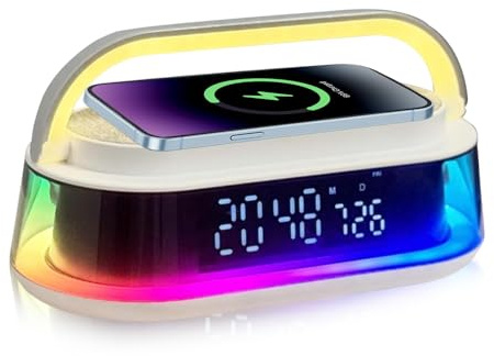Jenmayt Radio Alarm Clock,with 15W Wireless Charging,Dimmable Led Display,Bedside Alarm Clock with Bluetooth Speaker,TWS Pairing,Timer,White Noise Function