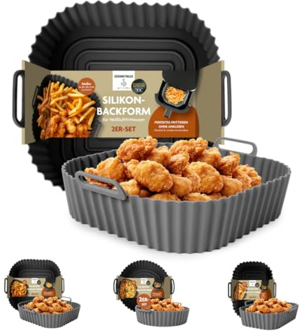 GOURMETmaxx BY KITCHBO Silikon-Backform 2er Set quadratisch 20x20cm, 5cm Höhe für fast alle Heissluft-Fritteusen ab 4 Liter | Perfektes Frittieren ohne Ankleben,wiederverwendbar, optimale Zirkulation