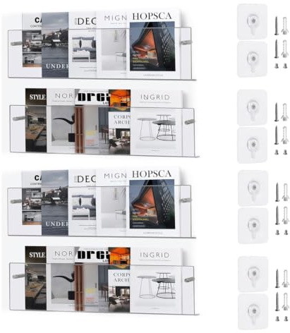 LDXDRU 4 Stück Acryl Zeitungsständer 40cm Acryl Wand Bücher Regal Wandregal Prospekthalter Bücherregal Display-Ständer für Bücher für Wohnzimmer Büro Schulen Bibliotheken Kinderzimmer