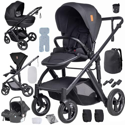 4 in 1 Kinderwagen Schwarz, Aluminiumrahmen, höhenverstellbarer Griff
