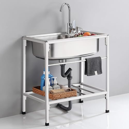 CZYWKDDPP Lavamani a Una Vasca in Acciaio Inox, autoportante, per Esterni, con Rubinetto, Ideale per ristoranti, cucine Commerciali, Garage, Lavanderia, 72 cm