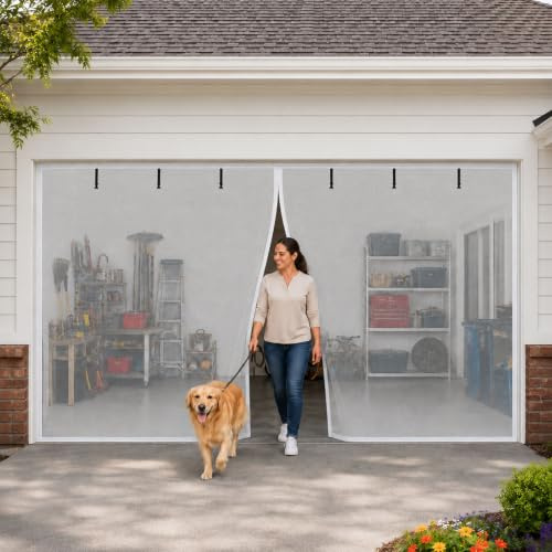 Heavy Duty Magnetic Garage Door Screen for 2 Car, Fibreglass Door Fly Screen Curtain with Weights, Anti-Bug Garage Screen Door for Patio Workshop, Pet Friendly Magnetic Door Net(Cream,290x230cm)