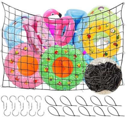Bolsa de red grande de almacenamiento de juguetes para piscina, 71 x 41 pulgadas, organizador de malla suspendida para balsas inflables y equipo de agua con ganchos y bridas para valla de vinilo de