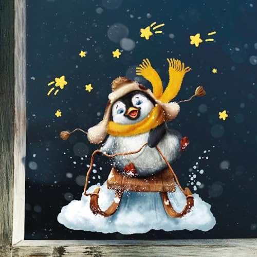 Wandtattoo Loft Fensterbilder Weihnachten mit Pinguin auf Schlitten – Wiederverwendbar – A4 Bogen – Weihnachstdeko Fenster Kinderzimmer, Weihnachtsbilder Fenster, Fensterbild Winter