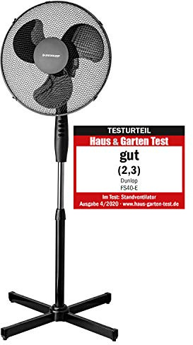 Dunlop - Ventilador de pie (oscilante, 40 cm de diámetro, 3 niveles, altura regulable 105-128 cm, rejilla protectora, pie estable, bajo consumo de energía, solo 42 W), color negro