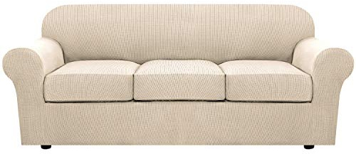 H.VERSAILTEX 4 Piece Stretch Couch Covers for 3 Cushion Couch Sofa Furniture Slipcovers Feature Upgraded Thicker Jacquard Fabric (Sofa, Natural)