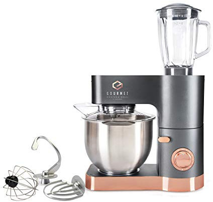 Gourmet professional kitchen machine, GPKM01, Stand Mixer, 1200w, 5.5L Stainless Bowl, 1.5L Blender Jug attachment, 8 speeds, Multi-function, Whisk, Dough Hook, Beater, Skid Resistant, Grey, Rose Gold