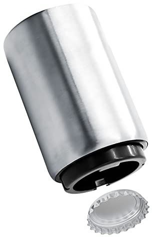 Granny's Kitchen Apribottiglie Automatico - Bottle-Opener per Tappi a Corona - Levatappi in Alluminio Spazzolato per Bevande - Push & Pull - Argento
