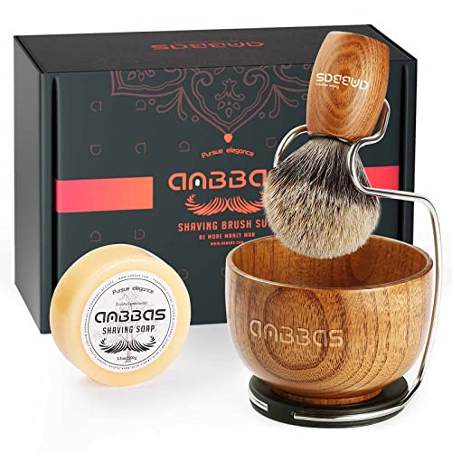 Anbbas Kit de rasage 4 en 1, blaireau en poils de blaireau purs, manche en bois et grand porte-savon, support de rasage en acier inoxydable avec recharge de savon de rasage naturel de 3,5 oz, pour