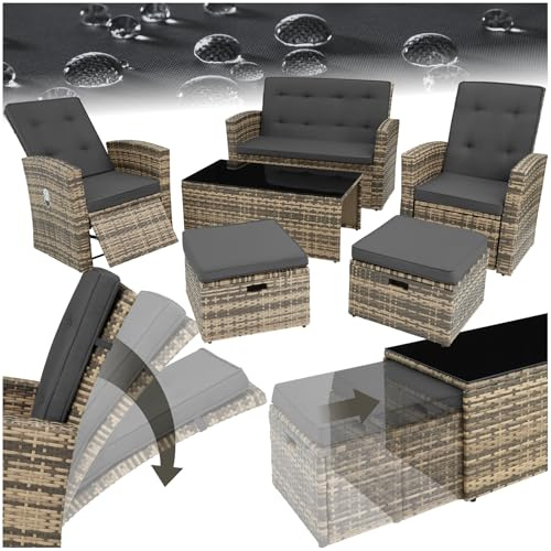 tectake® Set Salotto da Giardino Esterno in Rattan Bari, Telaio in Alluminio, Divano da Esterno e Poltrone da Giardino Regolabili, Imbottiture Idrorepellenti, Tavolo da Giardino con Vetro - Naturale